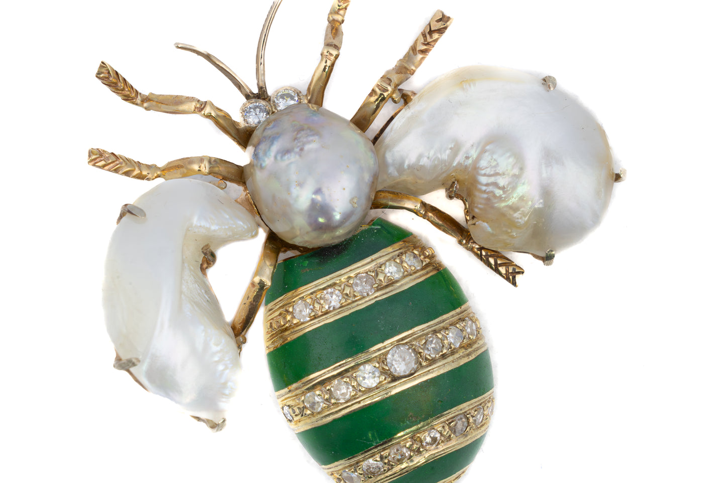 Antique Diamond, Green Enamel & Pearl Scarab Brooch