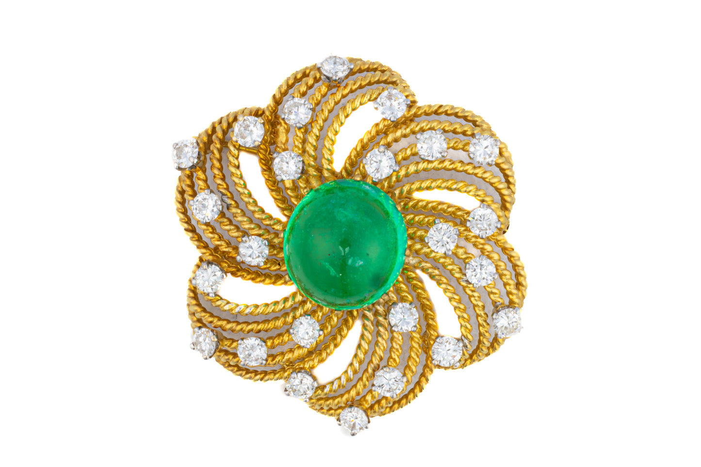 Diamond and Cabochon Emerald Floral Brooch