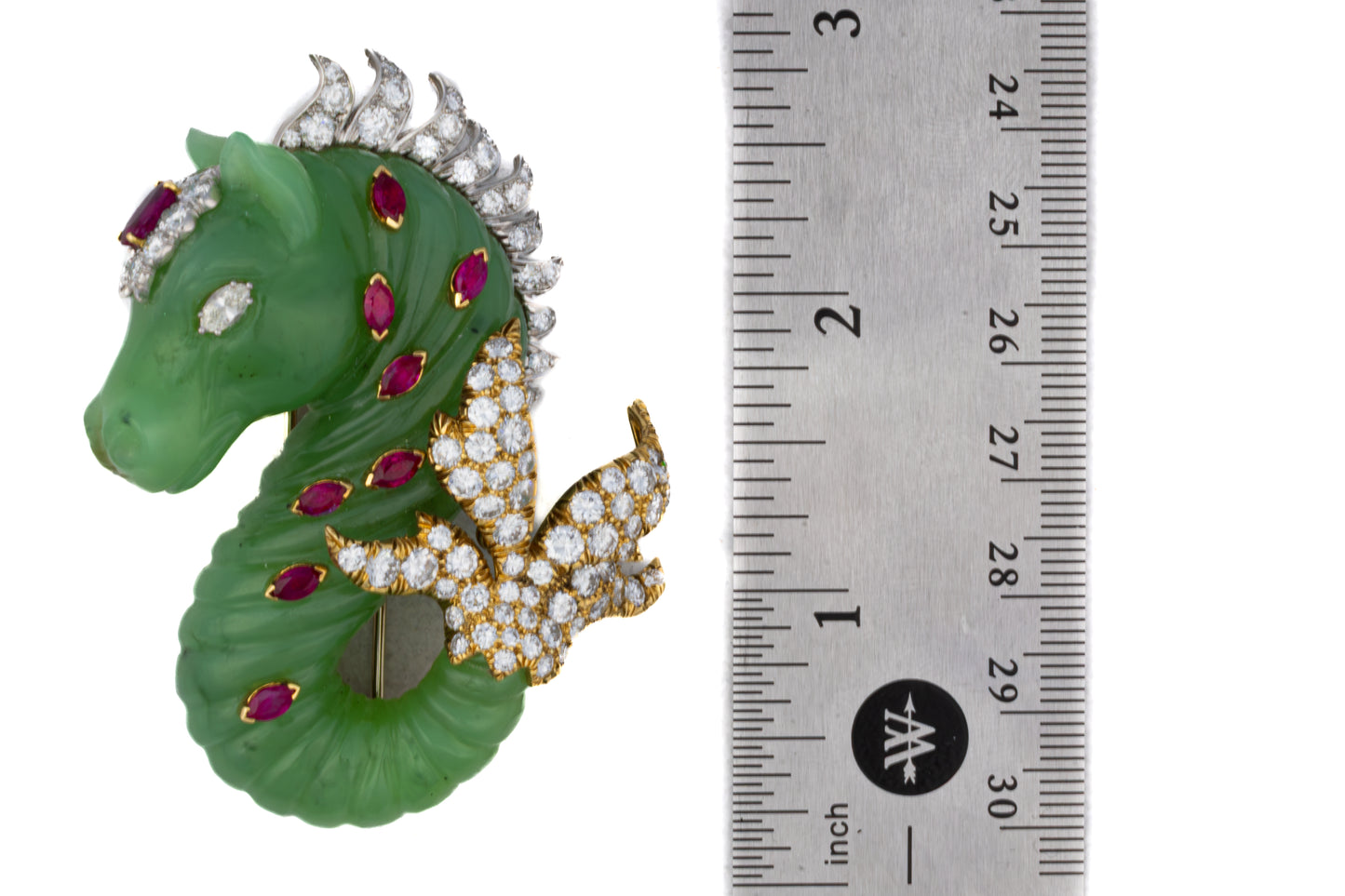 David Webb Carved Jade Diamond and Ruby Seahorse Brooch