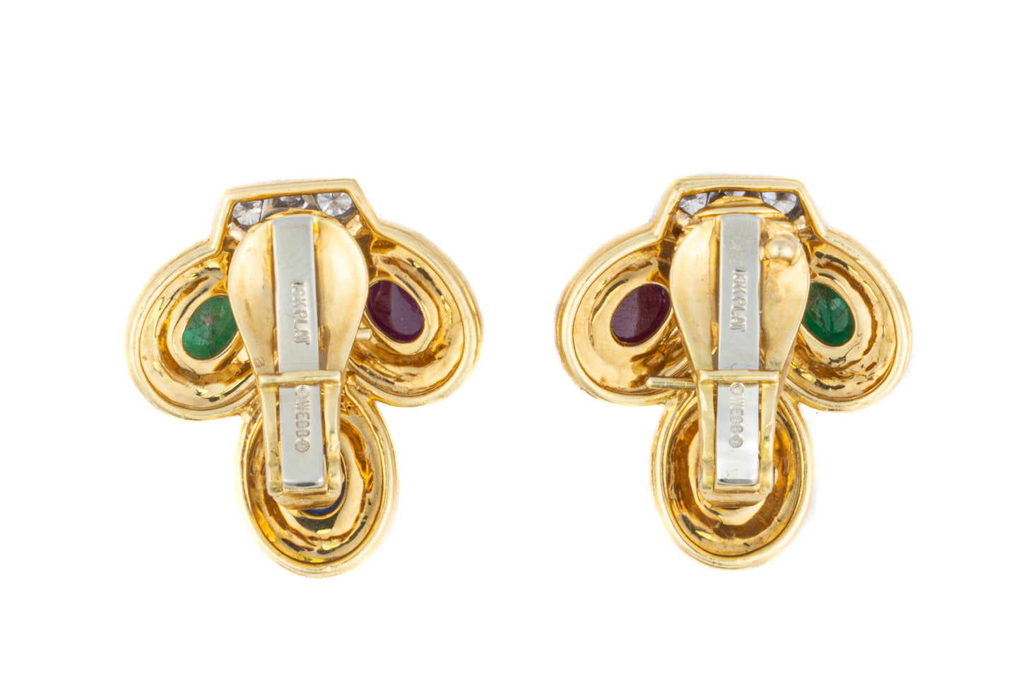 David Webb Three Stone Cabochon and Diamond Earrings