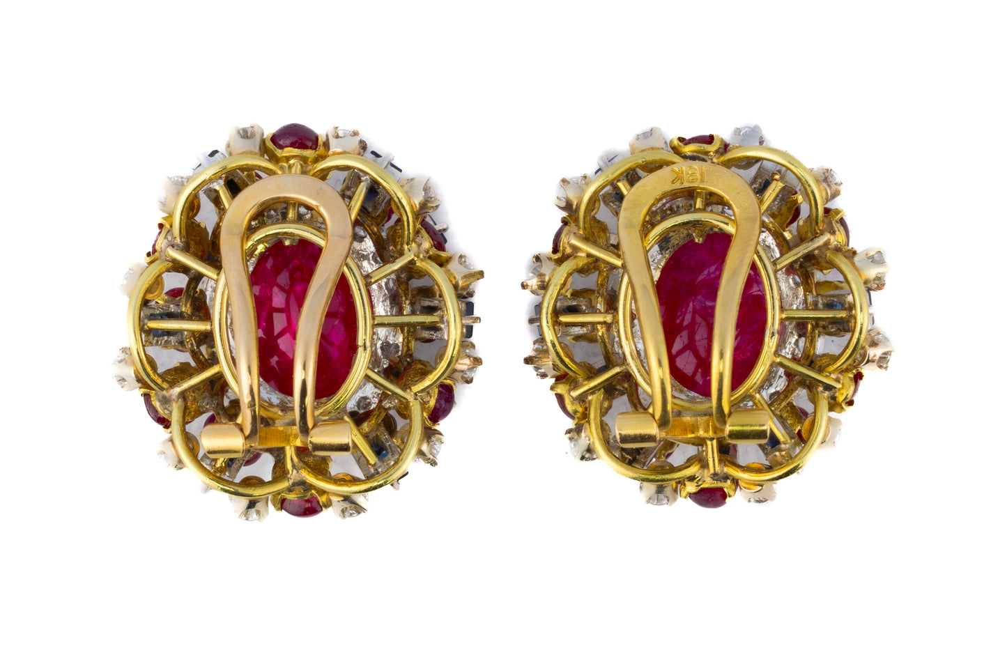 Cabochon Ruby, Sapphire, and Diamond Cluster Earrings