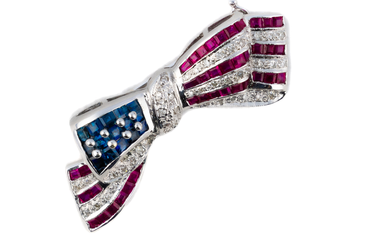Patriotic Ruby, Sapphire and Diamond Flag Ribbon Brooch