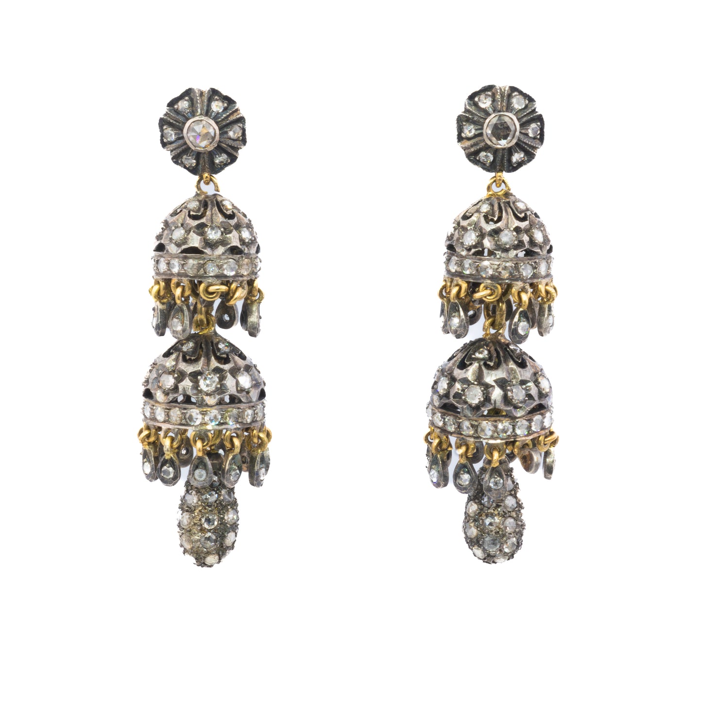 Antique Rose Cut Diamond Chandelier Earrings in Silver and Gold
