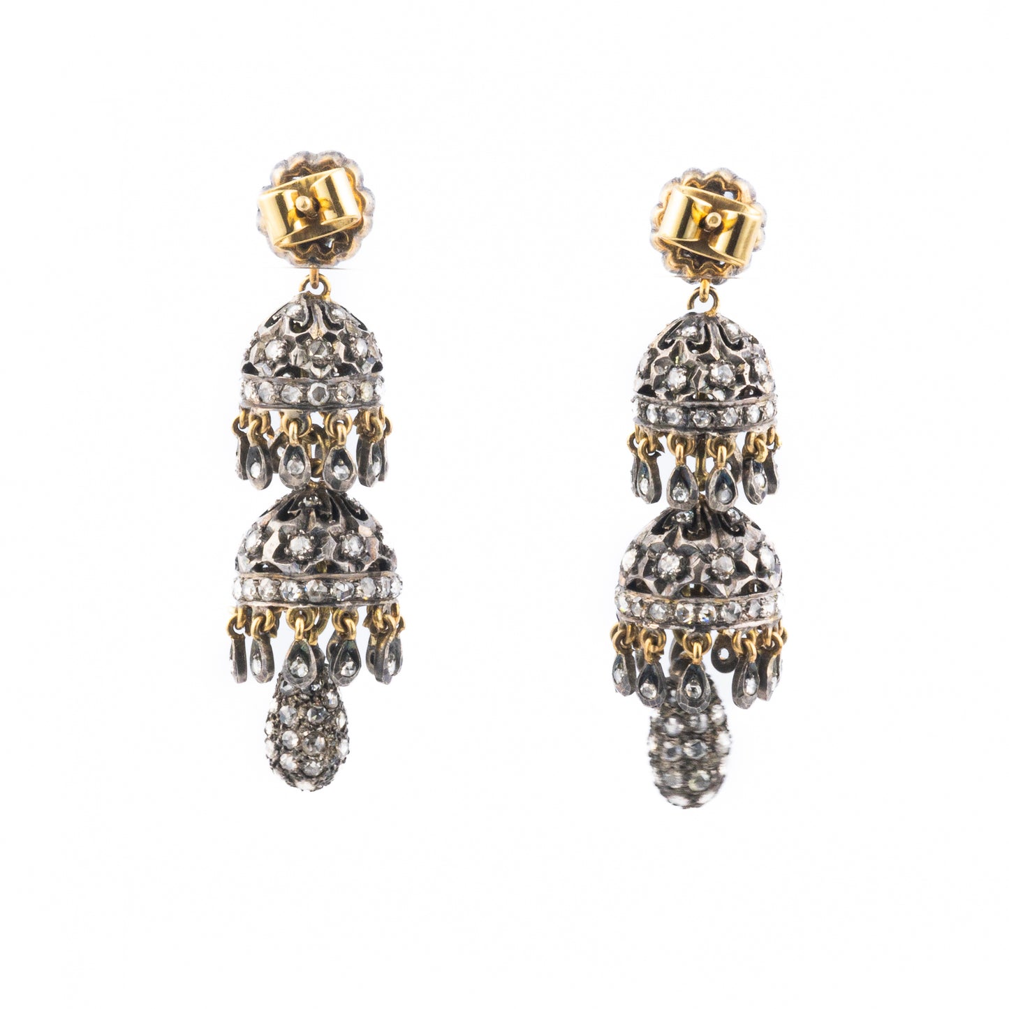 Antique Rose Cut Diamond Chandelier Earrings in Silver and Gold