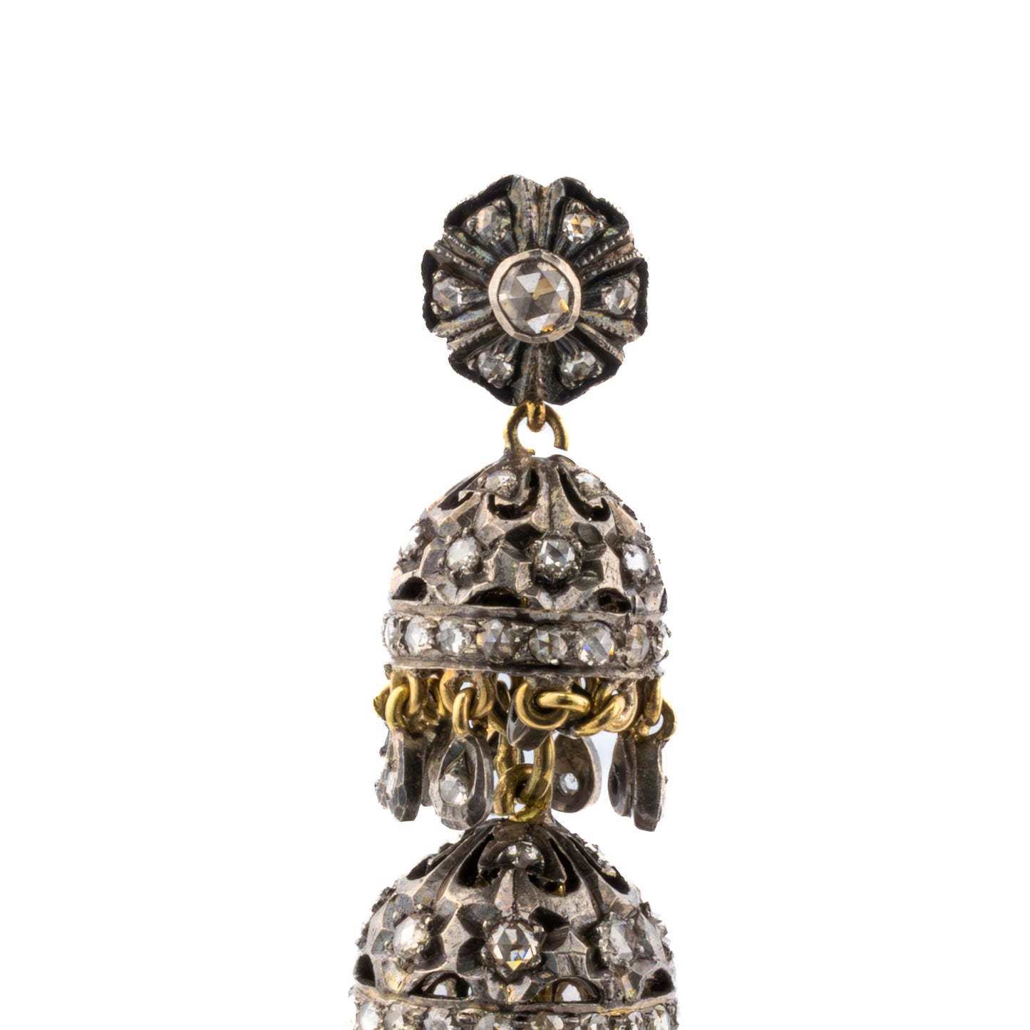 Antique Rose Cut Diamond Chandelier Earrings in Silver and Gold