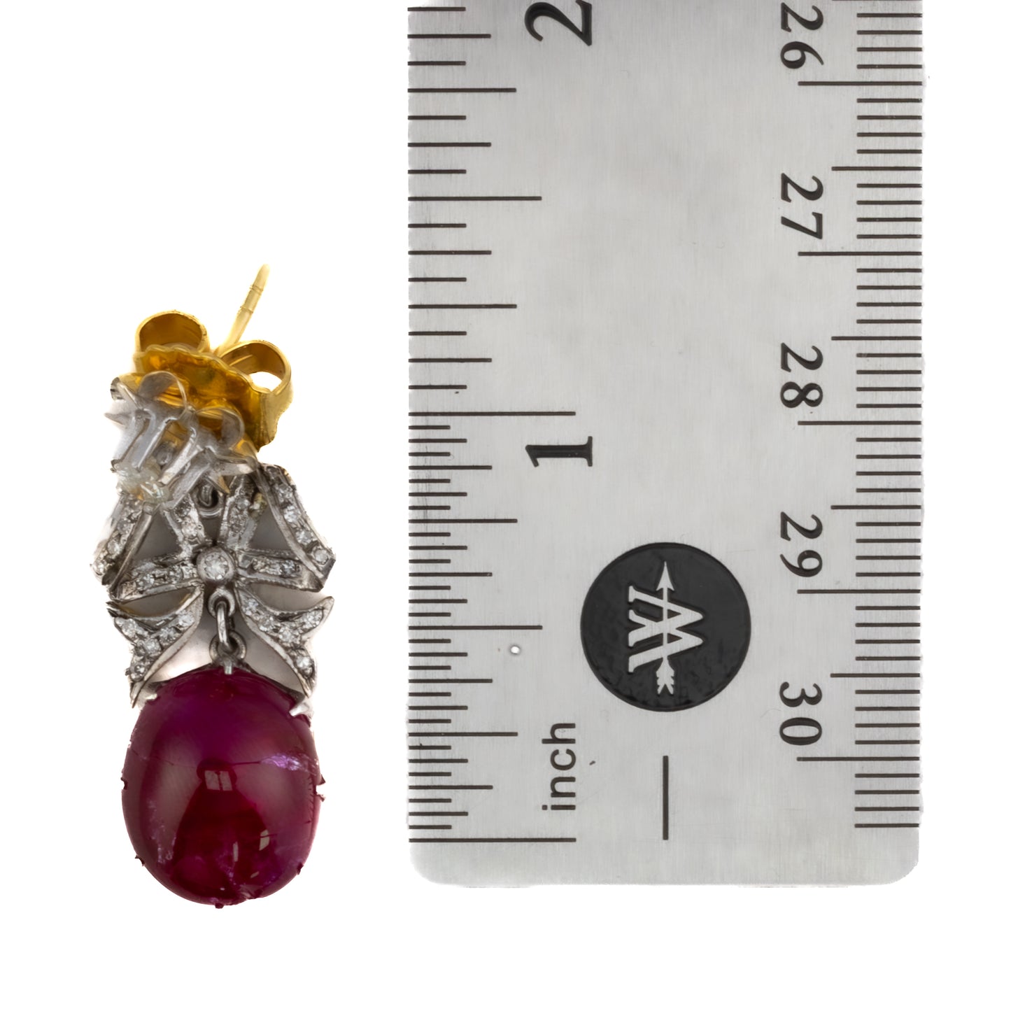Antique Ruby Cabochon and Diamond Bow Drop Earrings