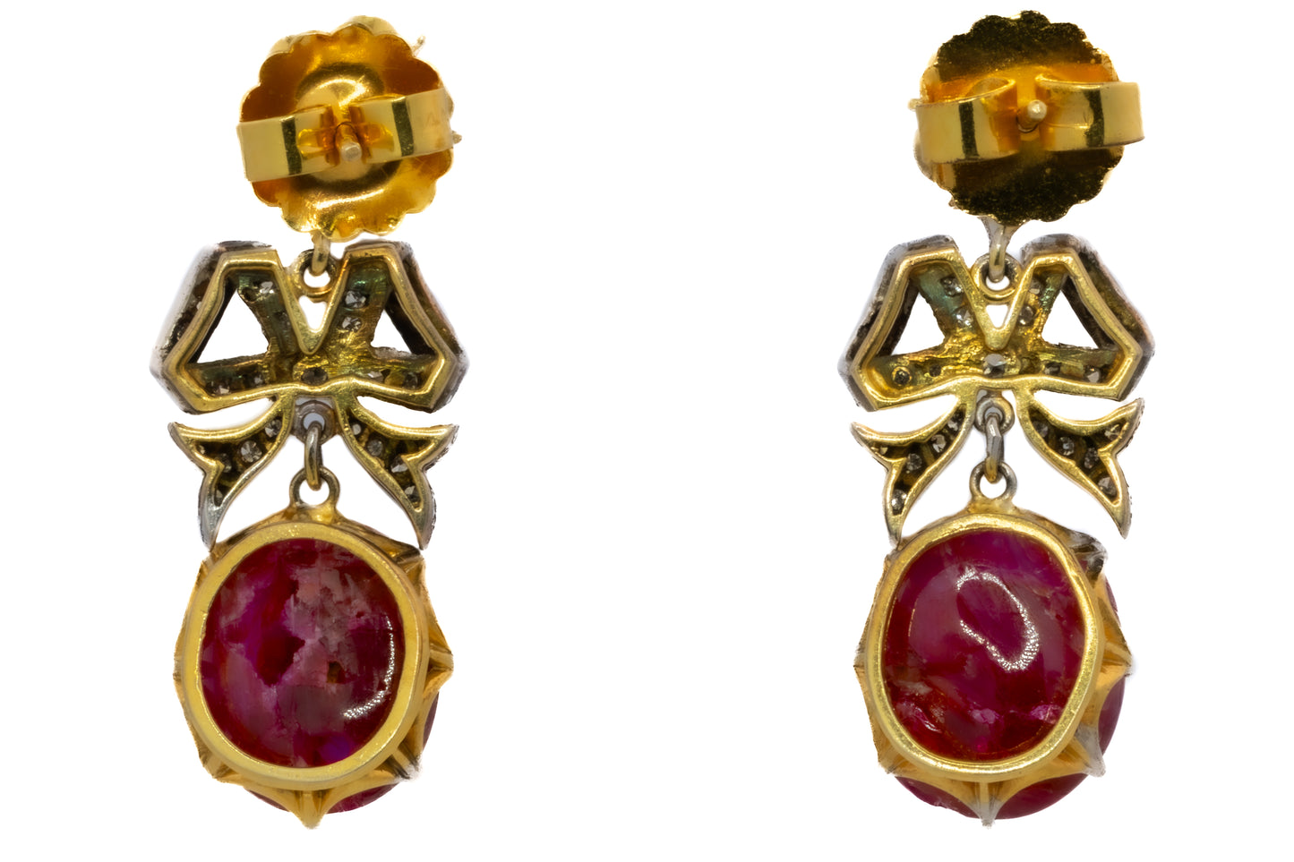 Antique Ruby Cabochon and Diamond Bow Drop Earrings