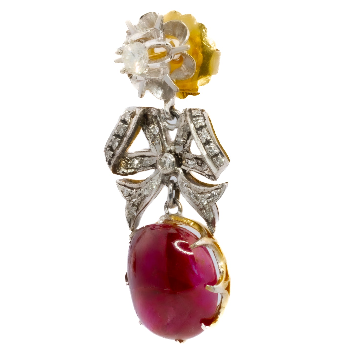 Antique Ruby Cabochon and Diamond Bow Drop Earrings