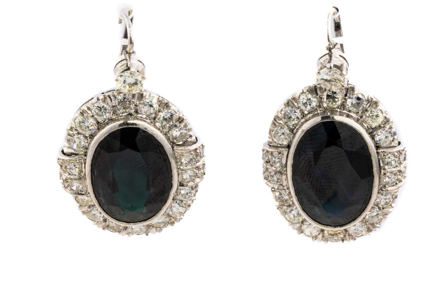 Diamond and Oval Sapphire Halo Drop Earrings