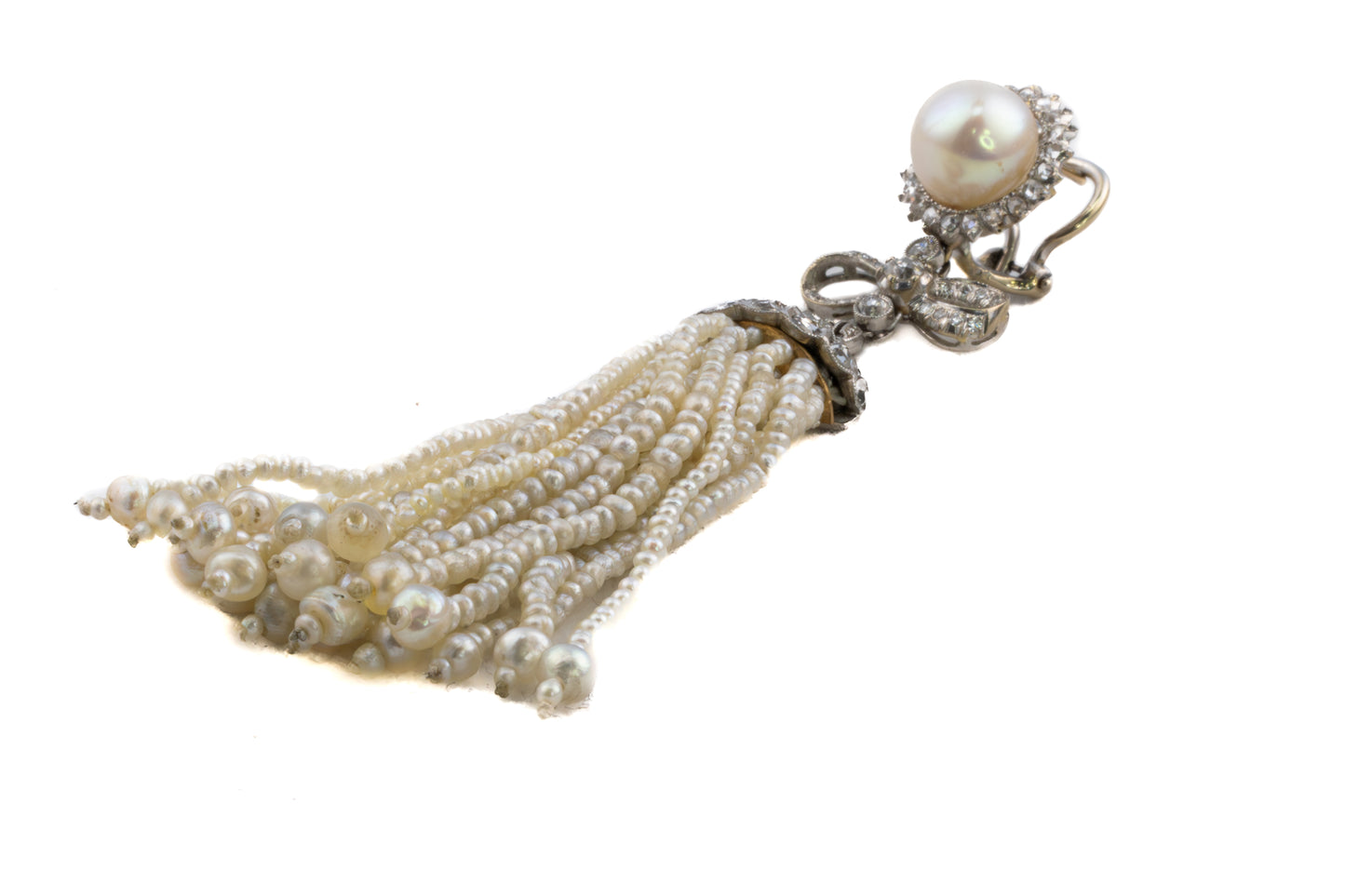 Pearl and Diamond Bow Tassel Earrings