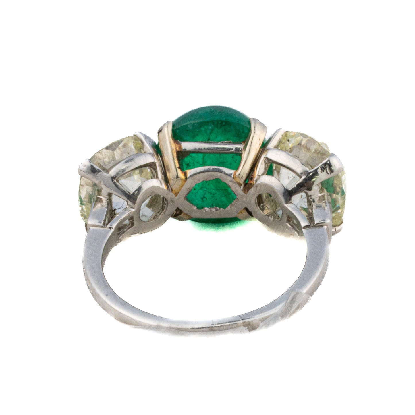 Platinum Cabochon Emerald and Old Mine Cut Diamond Three-Stone Ring