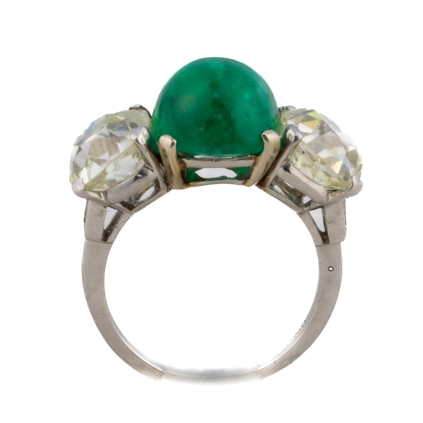 Platinum Cabochon Emerald and Old Mine Cut Diamond Three-Stone Ring