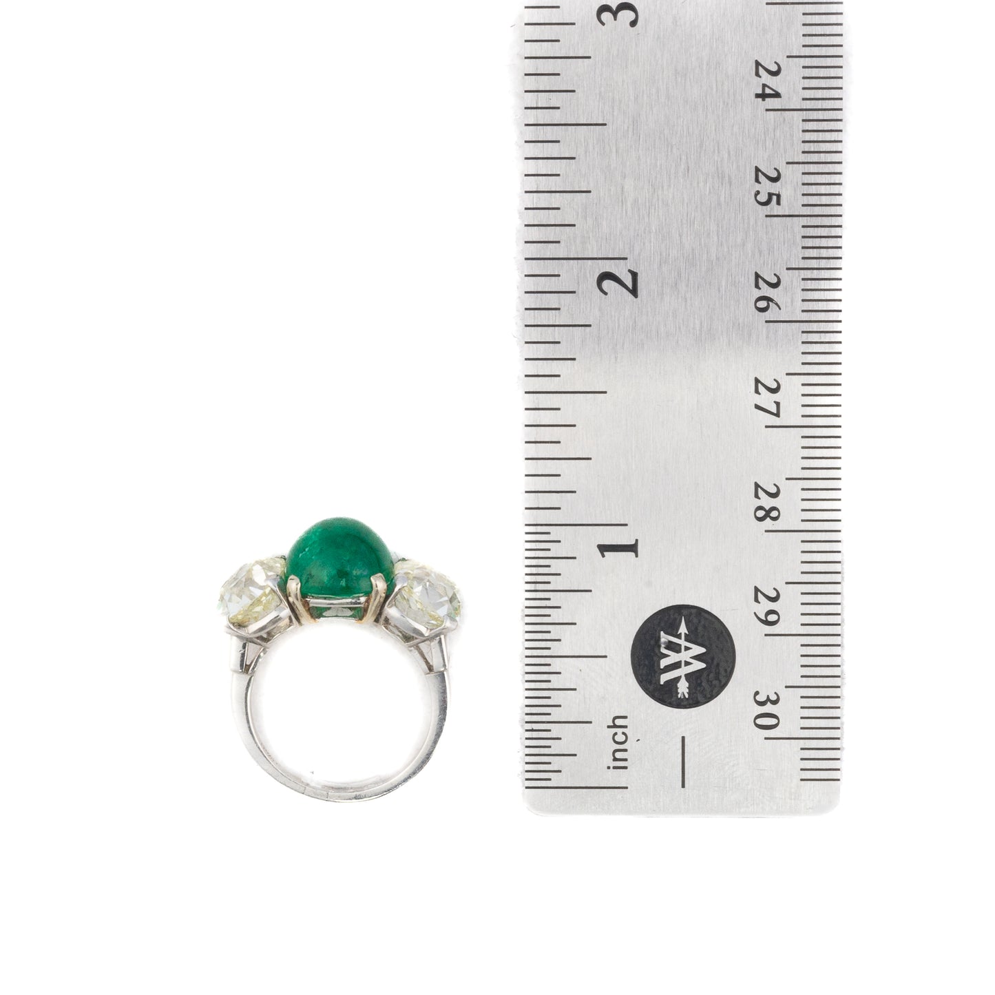 Platinum Cabochon Emerald and Old Mine Cut Diamond Three-Stone Ring