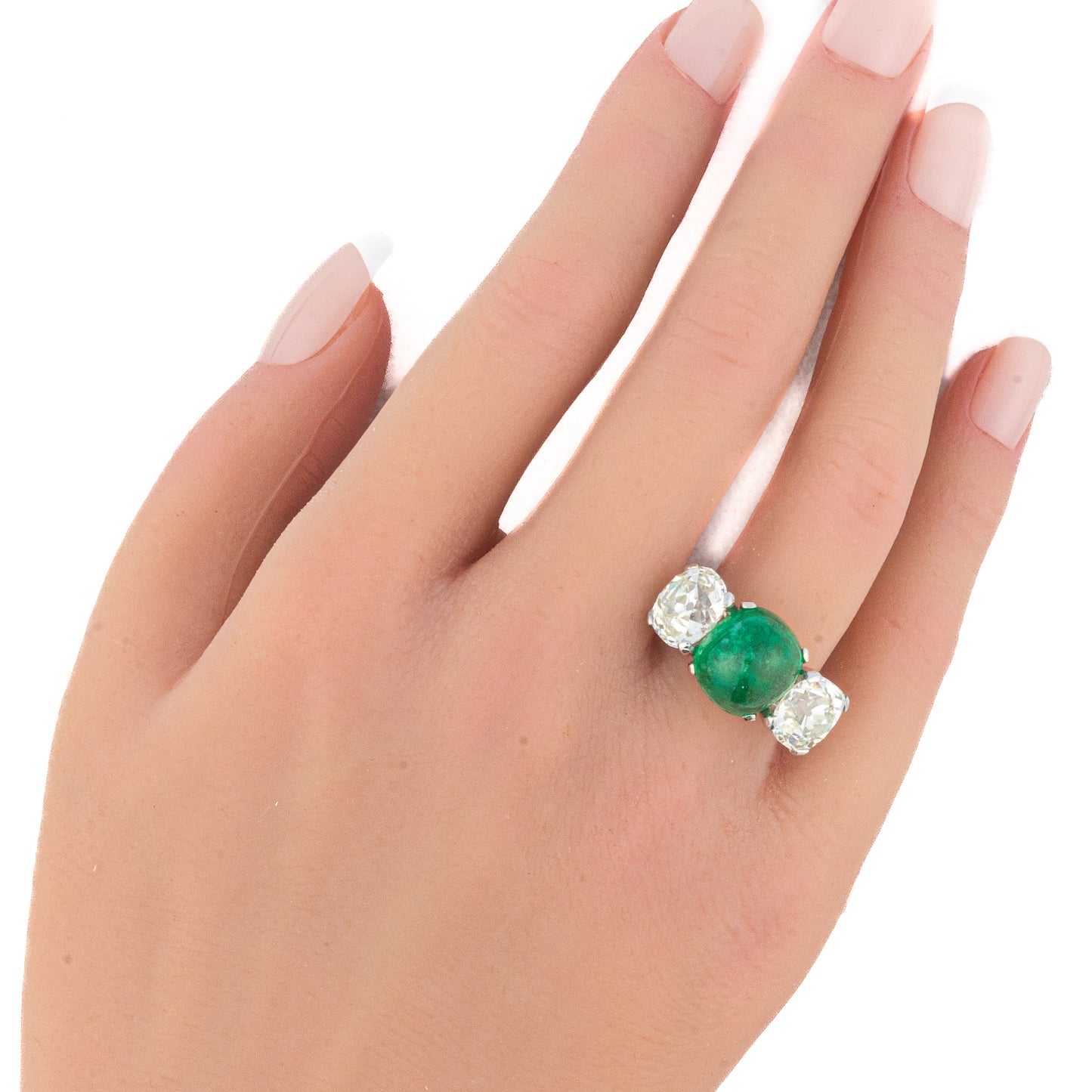 Platinum Cabochon Emerald and Old Mine Cut Diamond Three-Stone Ring