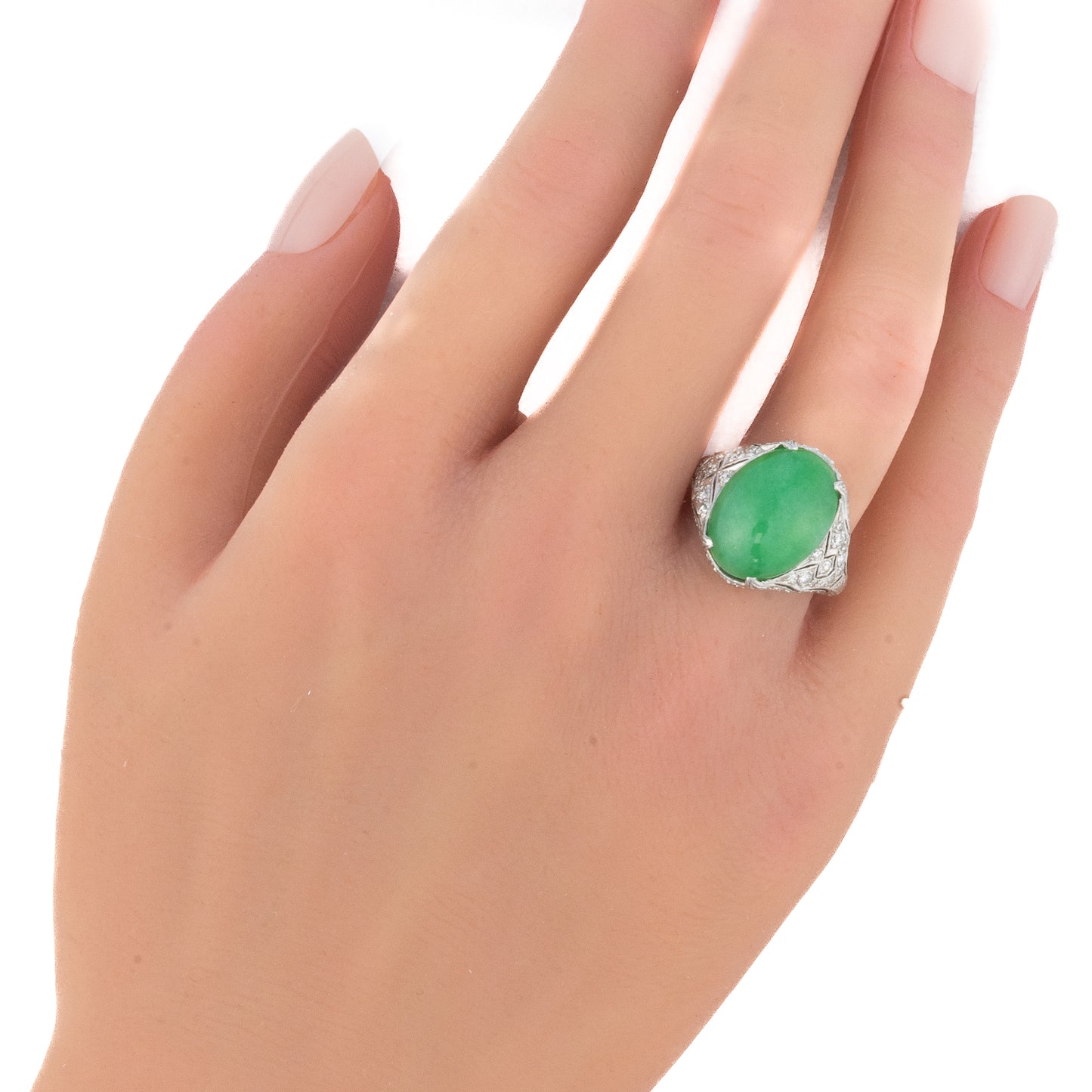 Art Deco Platinum Diamond and Jade Cabochon Ring