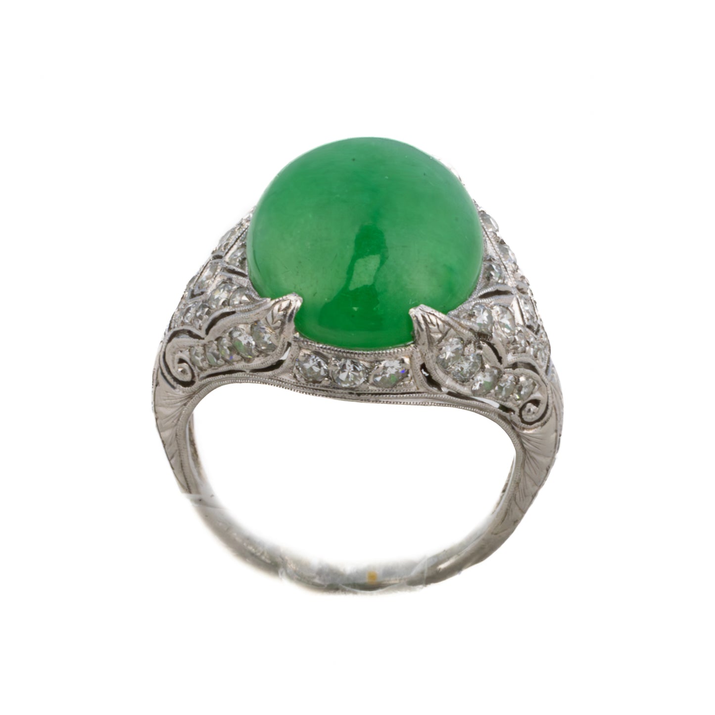 Art Deco Platinum Diamond and Jade Cabochon Ring