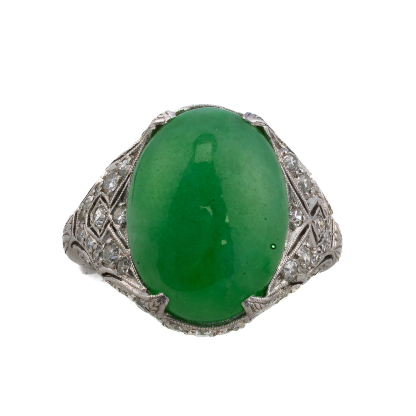 Art Deco Platinum Diamond and Jade Cabochon Ring