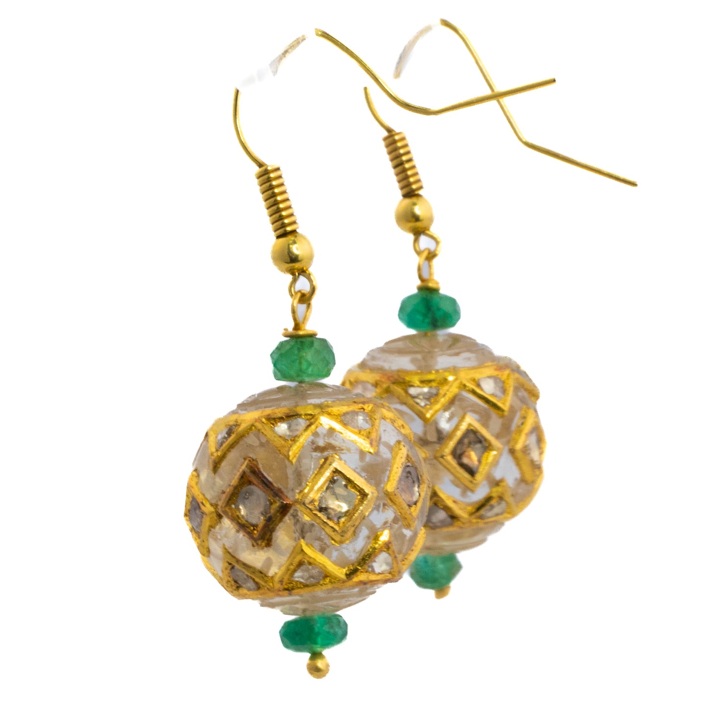 Indian Carved Rock Crystal and Emerald Bead Earrings