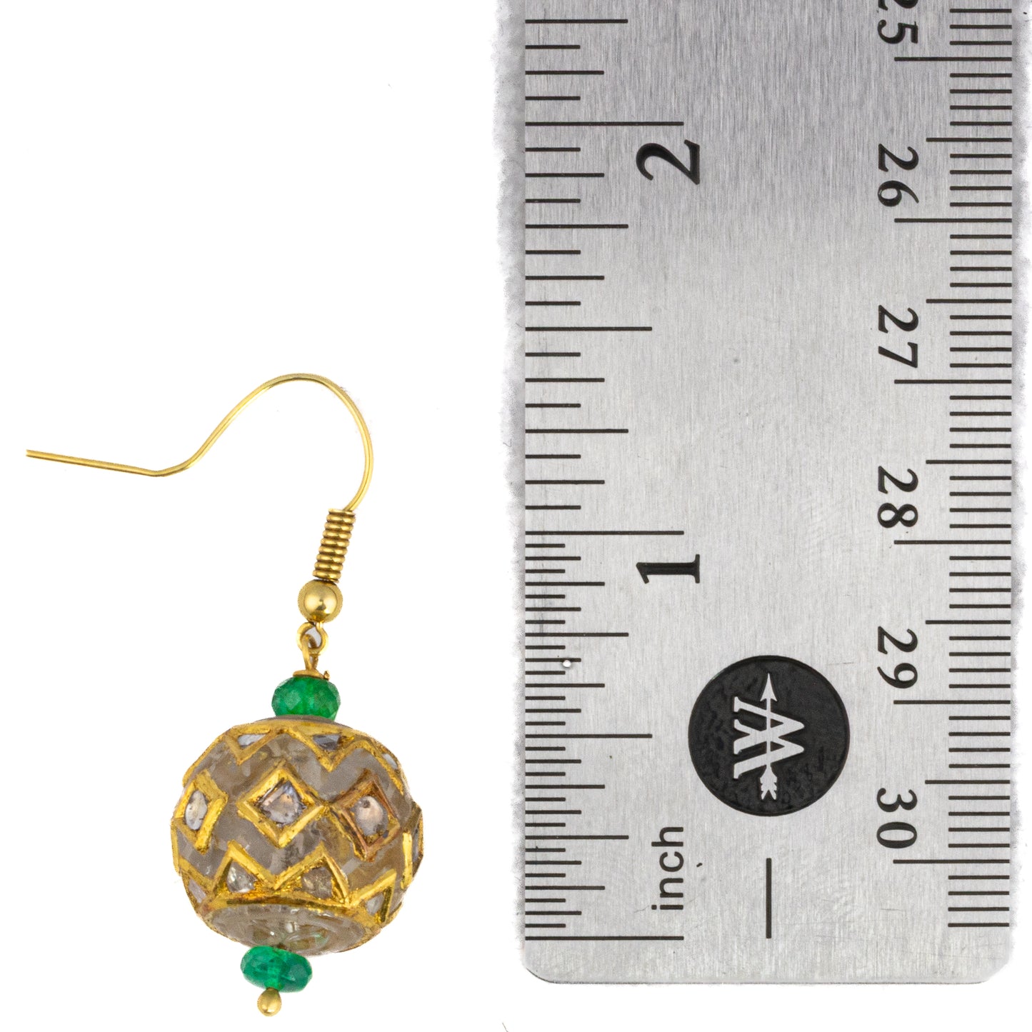 Indian Carved Rock Crystal and Emerald Bead Earrings
