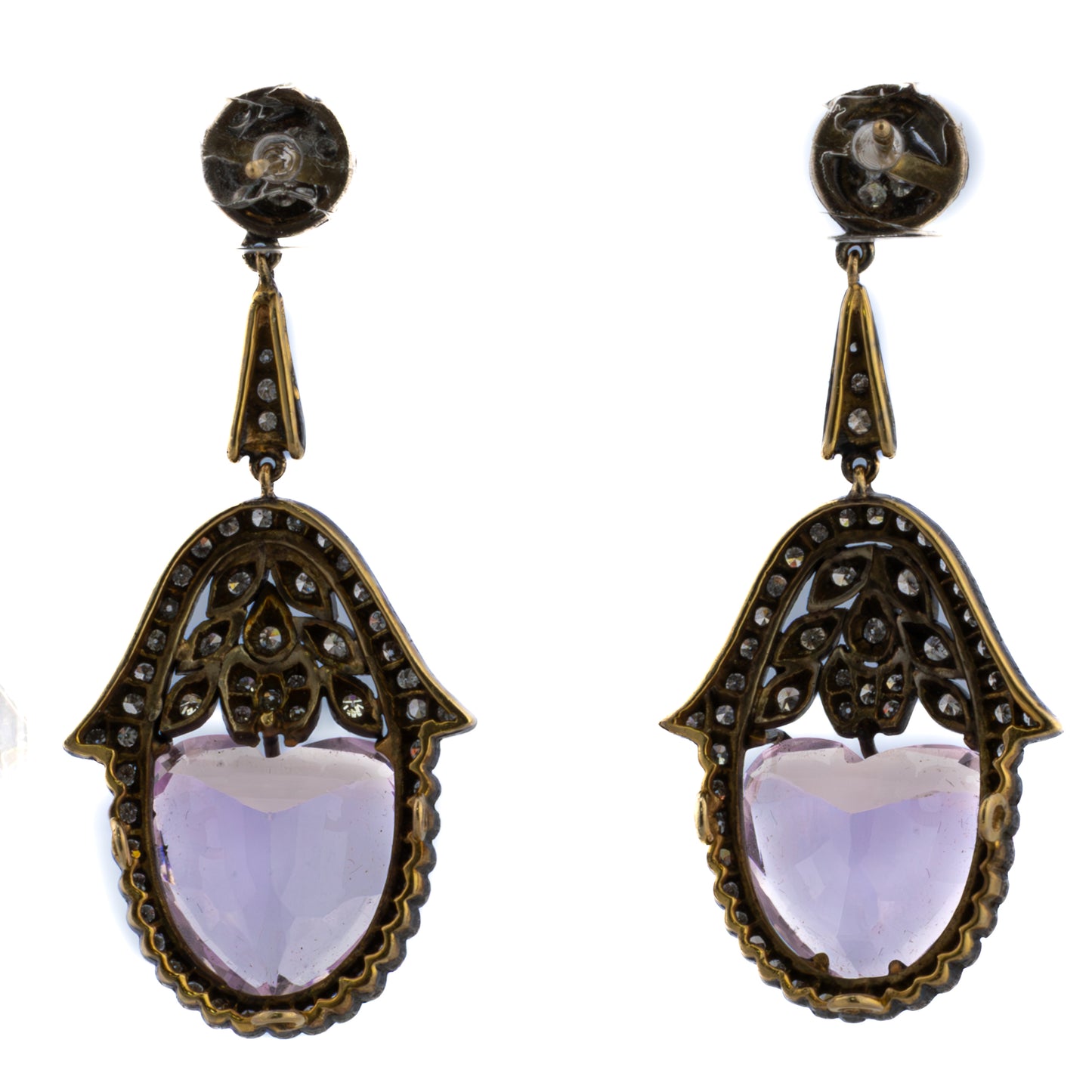 Antique-Style Heart-Shaped Kunzite and Diamond Earrings