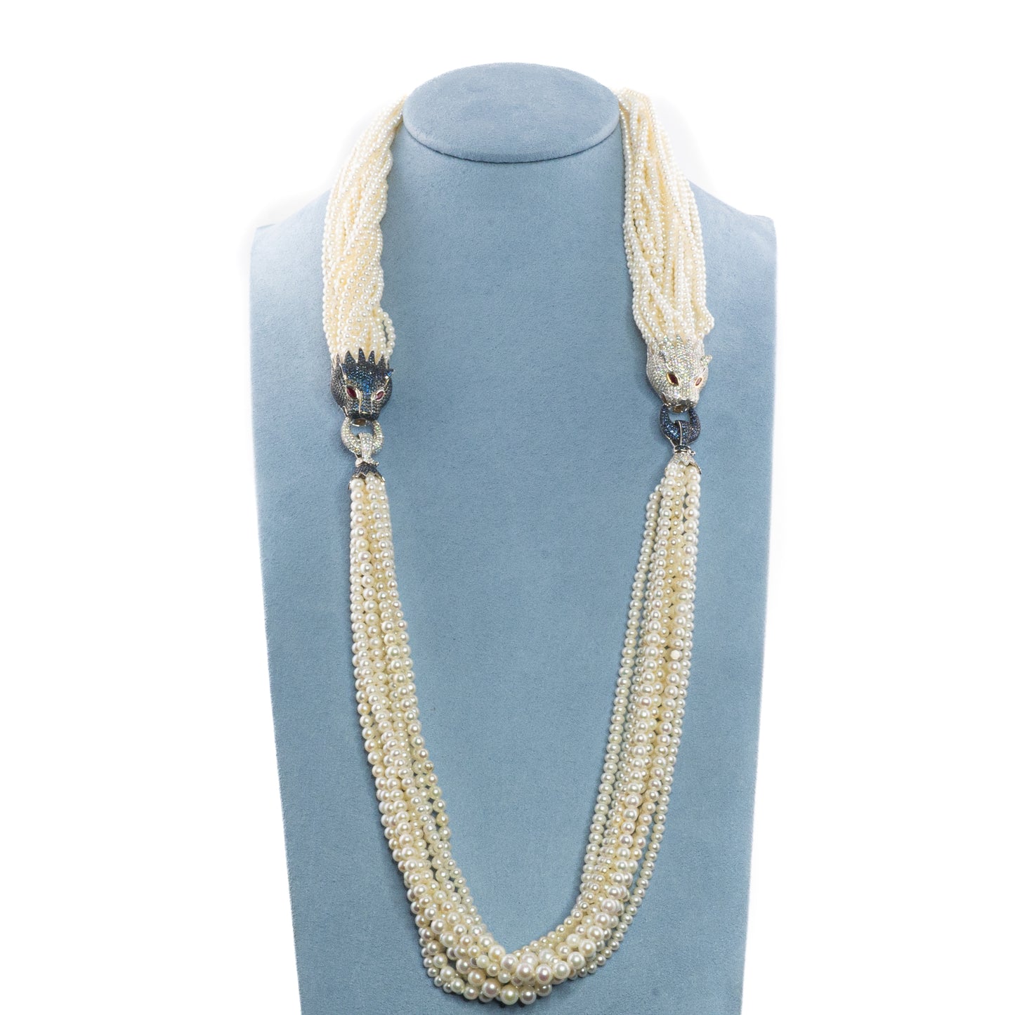 Multi-Strand Pearl Necklace with Diamond, Sapphire, and Ruby Panther Clasps