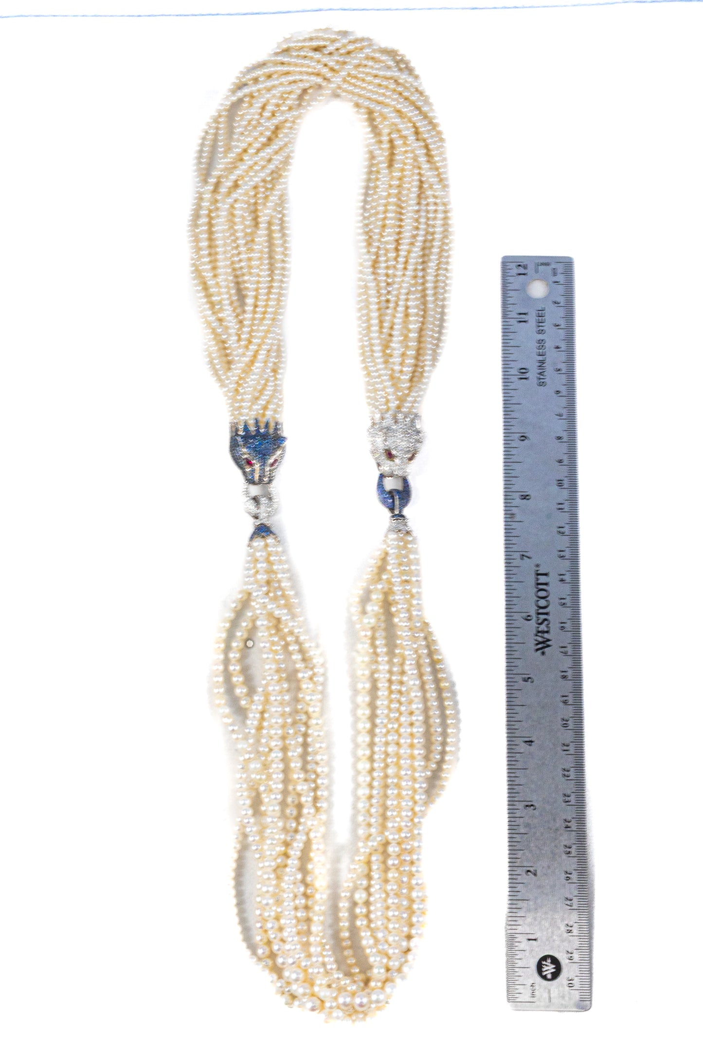 Multi-Strand Pearl Necklace with Diamond, Sapphire, and Ruby Panther Clasps