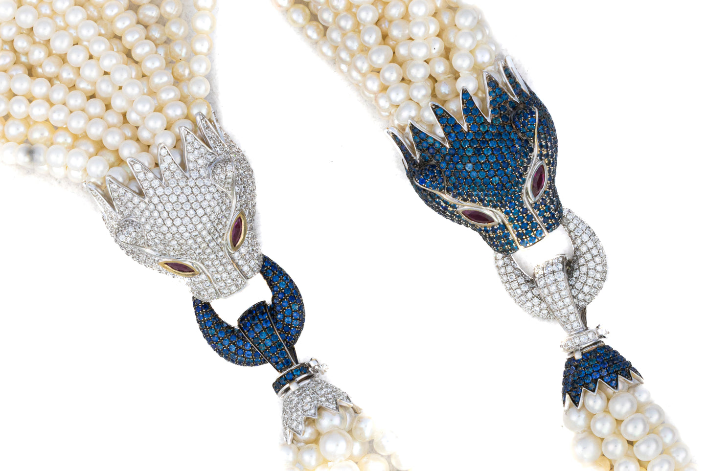 Multi-Strand Pearl Necklace with Diamond, Sapphire, and Ruby Panther Clasps