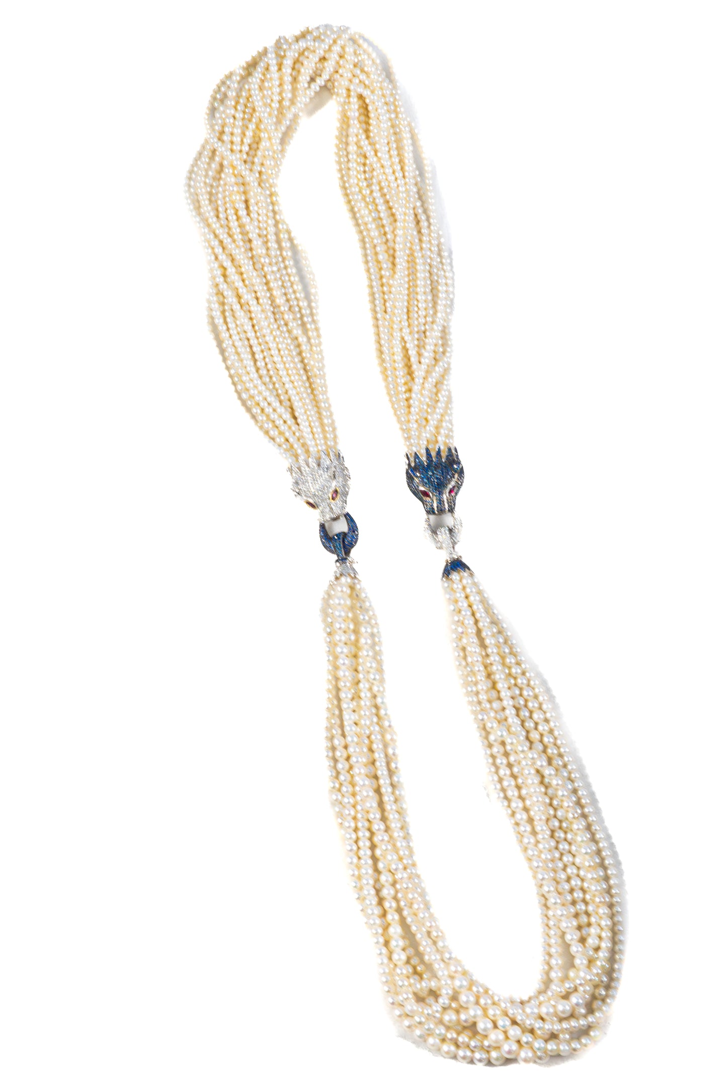 Multi-Strand Pearl Necklace with Diamond, Sapphire, and Ruby Panther Clasps