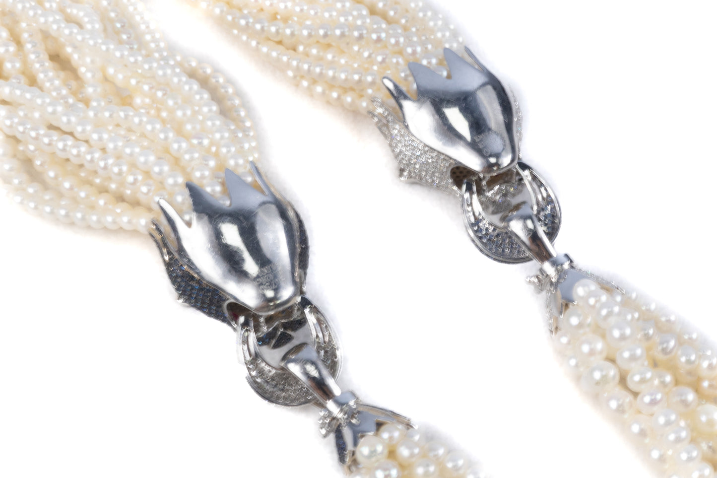 Multi-Strand Pearl Necklace with Diamond, Sapphire, and Ruby Panther Clasps