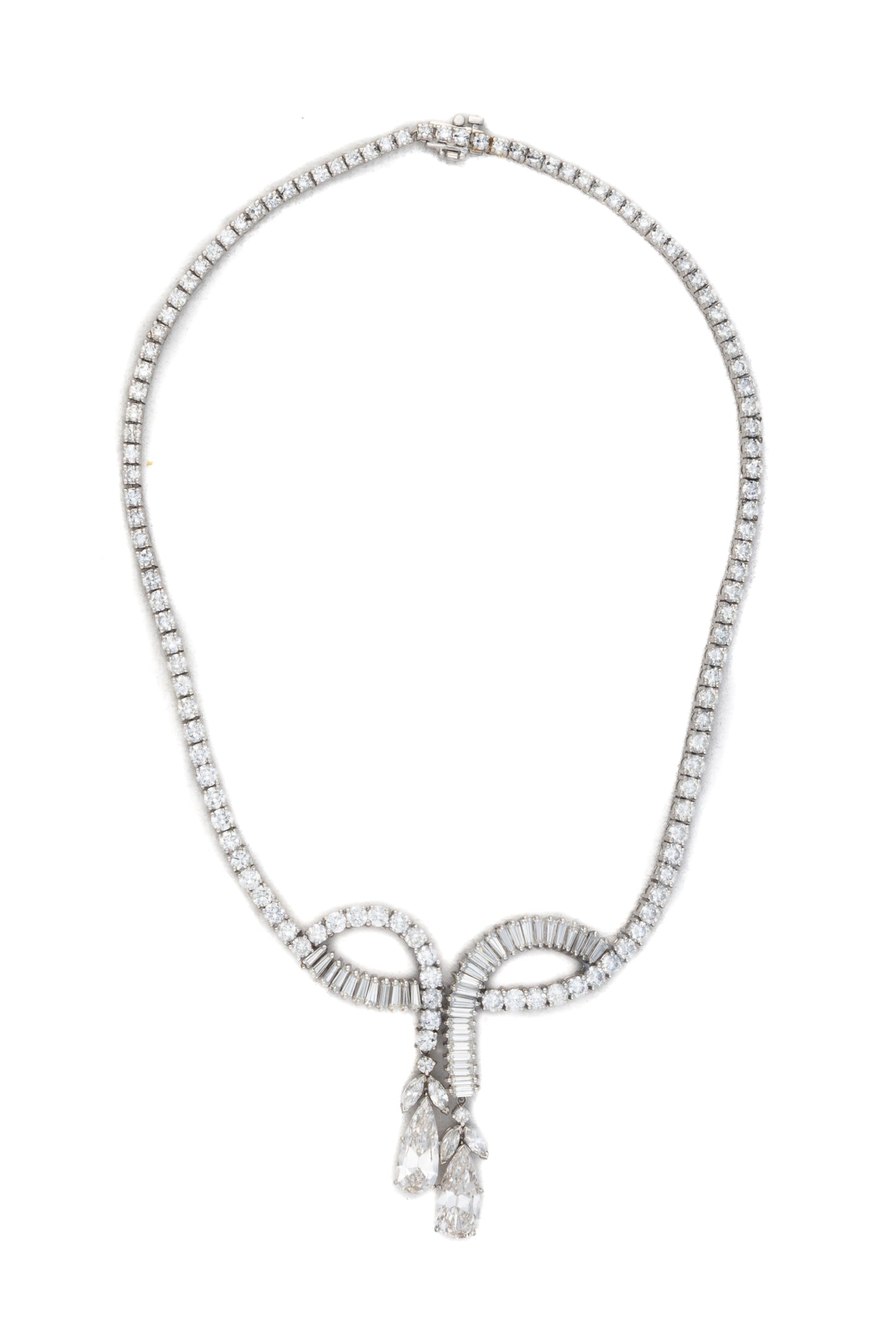 Platinum Diamond Necklace with Tapered Baguette and Pear-Shaped Drops