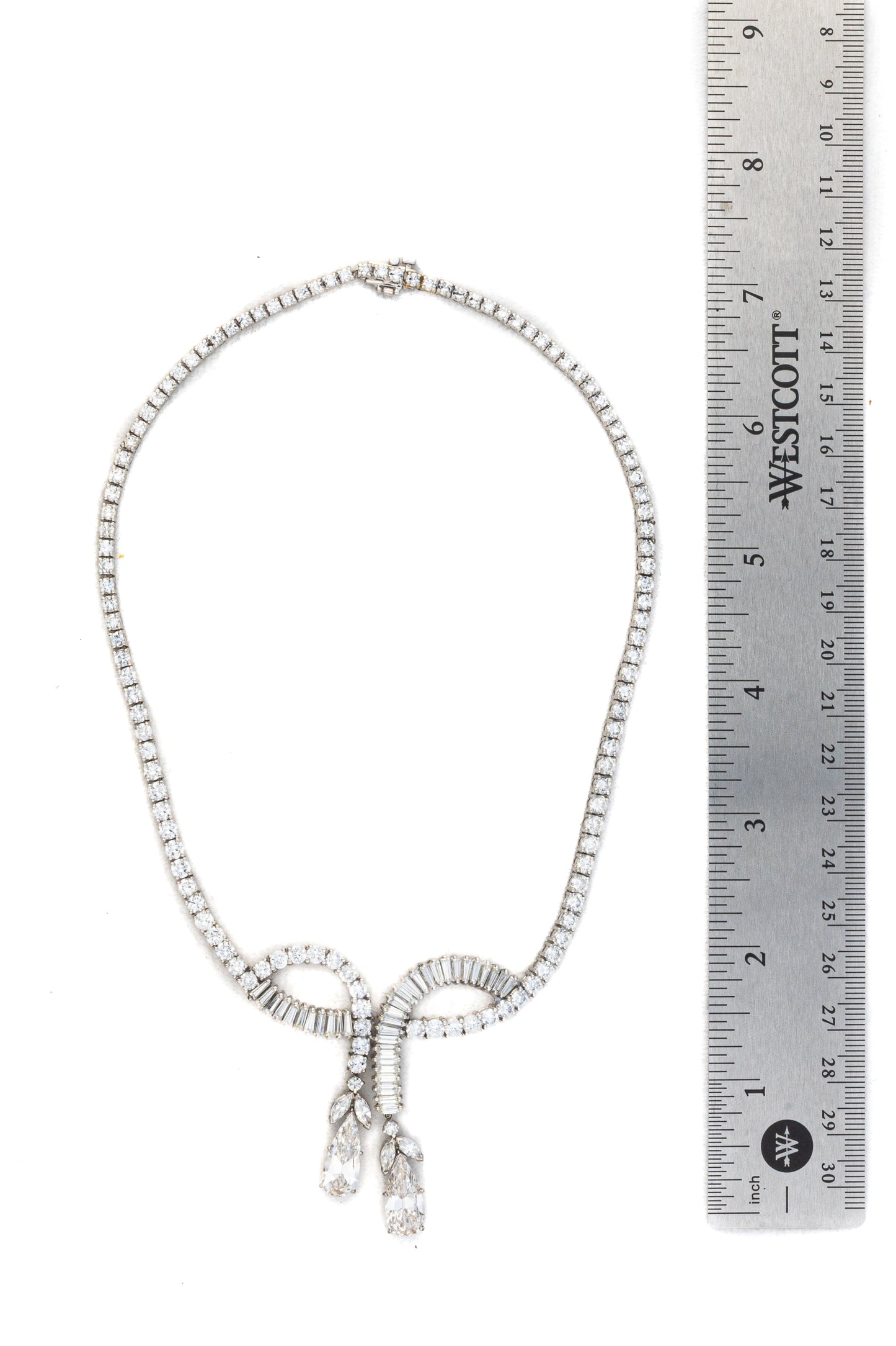 Platinum Diamond Necklace with Tapered Baguette and Pear-Shaped Drops