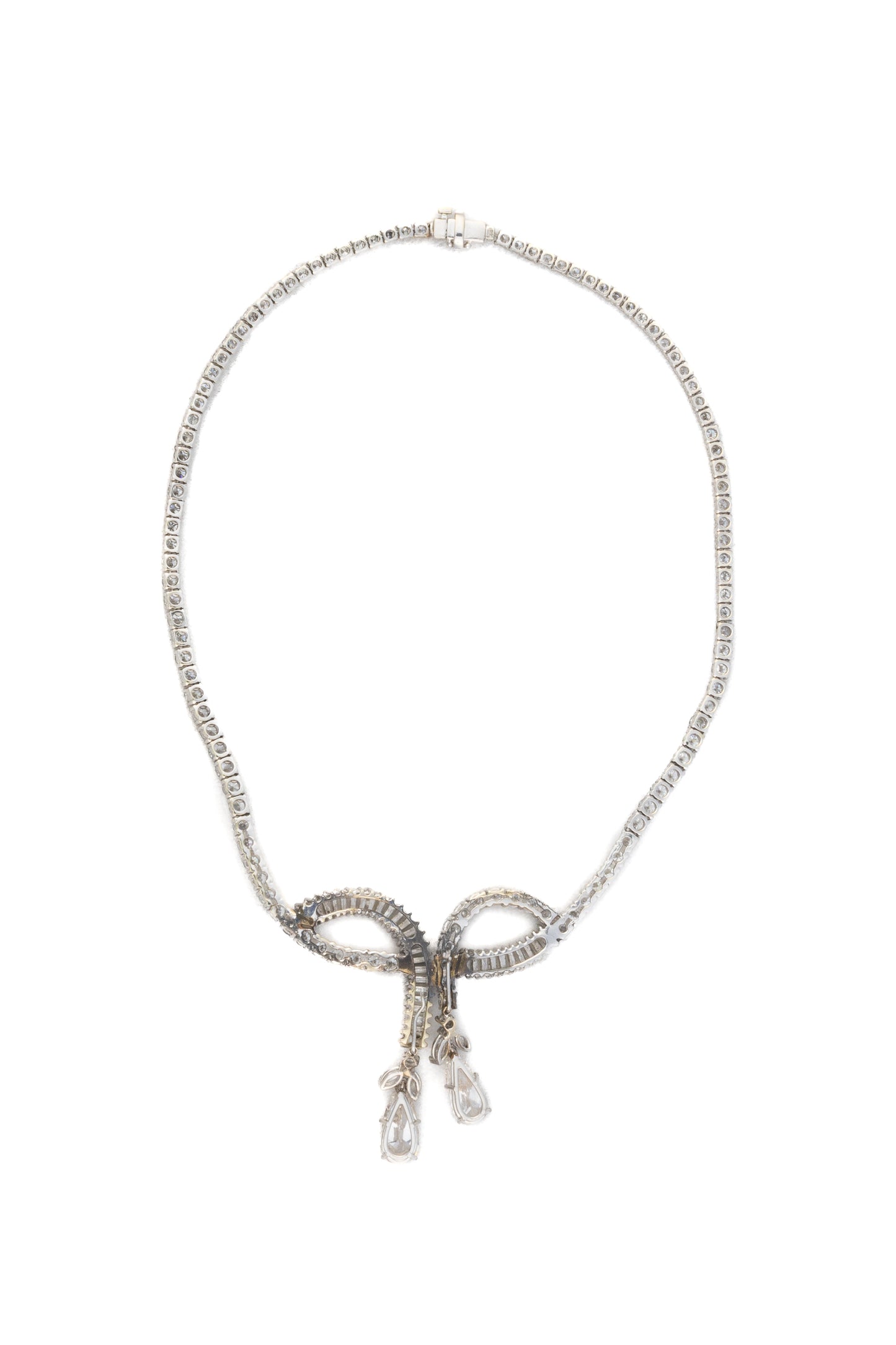Platinum Diamond Necklace with Tapered Baguette and Pear-Shaped Drops