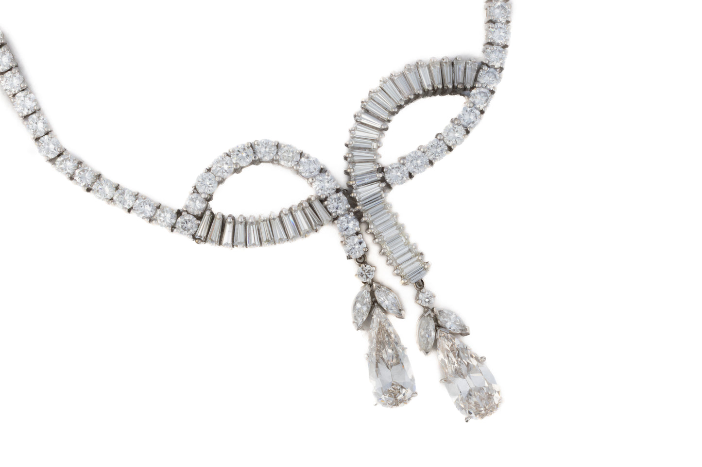 Platinum Diamond Necklace with Tapered Baguette and Pear-Shaped Drops