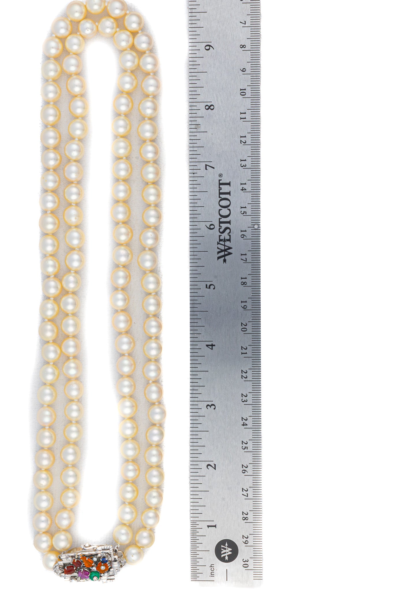 Double-Strand Pearl Necklace with Gemstone and Diamond Floral Clasp