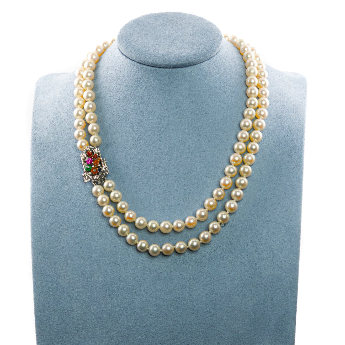 Double-Strand Pearl Necklace with Gemstone and Diamond Floral Clasp