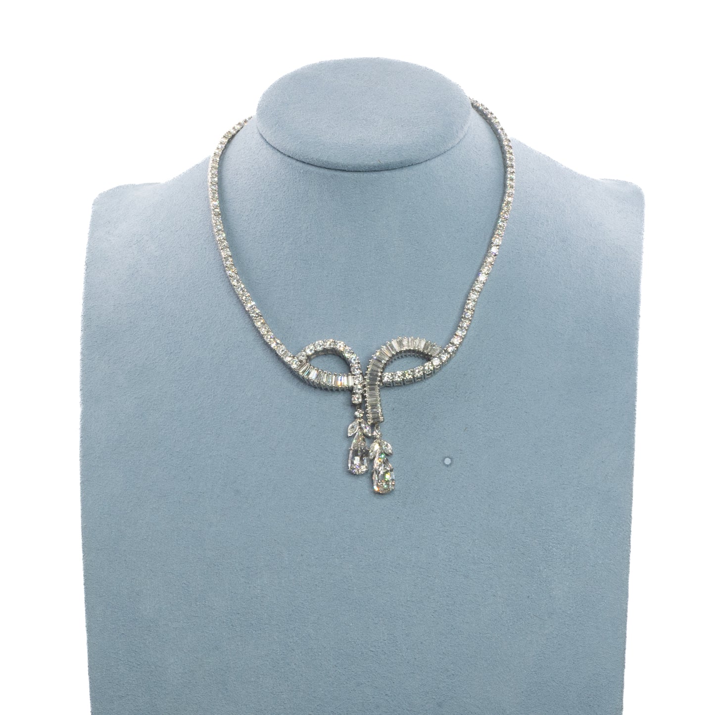 Platinum Diamond Necklace with Tapered Baguette and Pear-Shaped Drops