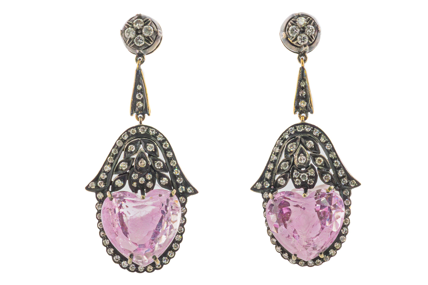 Antique-Style Heart-Shaped Kunzite and Diamond Earrings