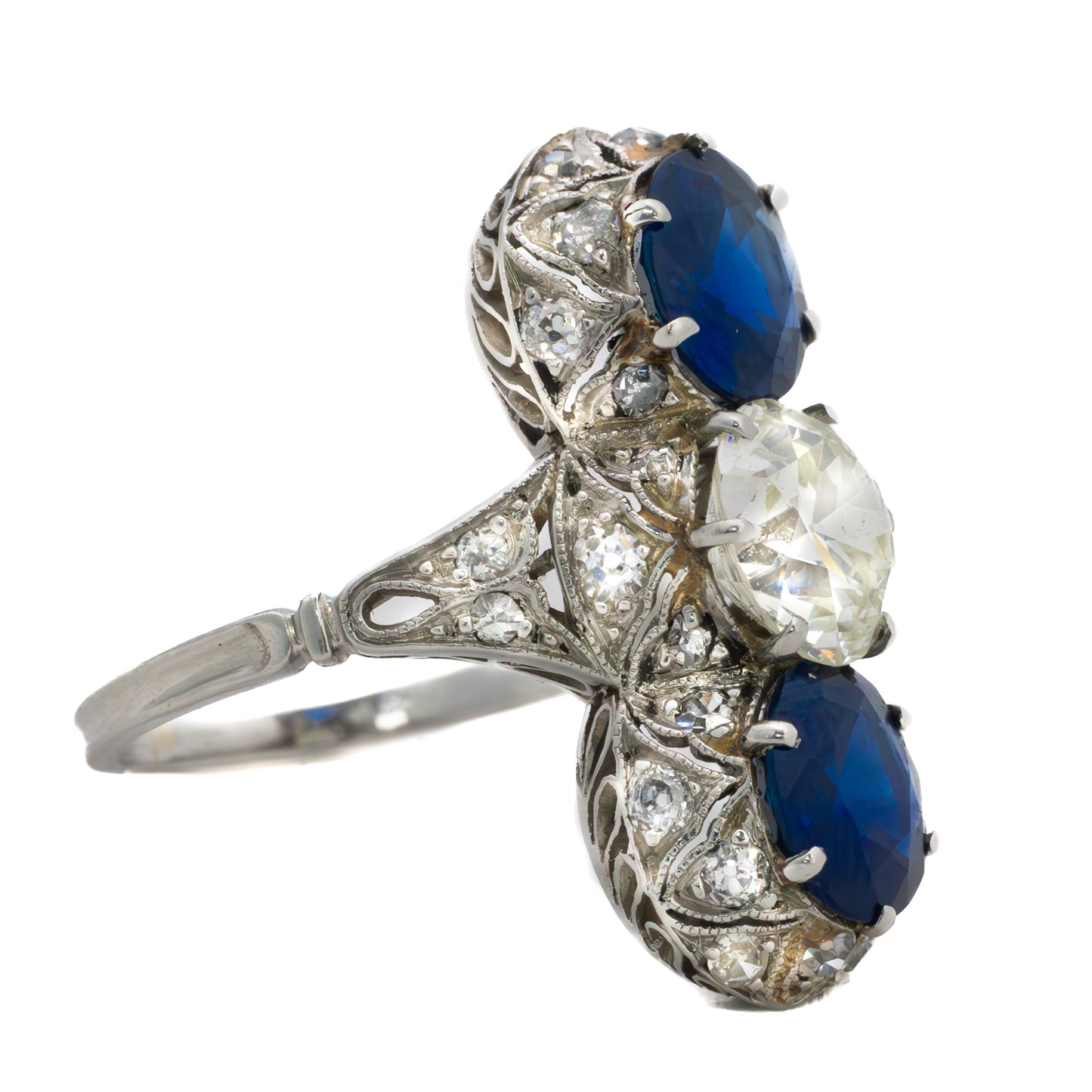 Art Deco Old Mine Diamond & Sapphire Three Stone Ring