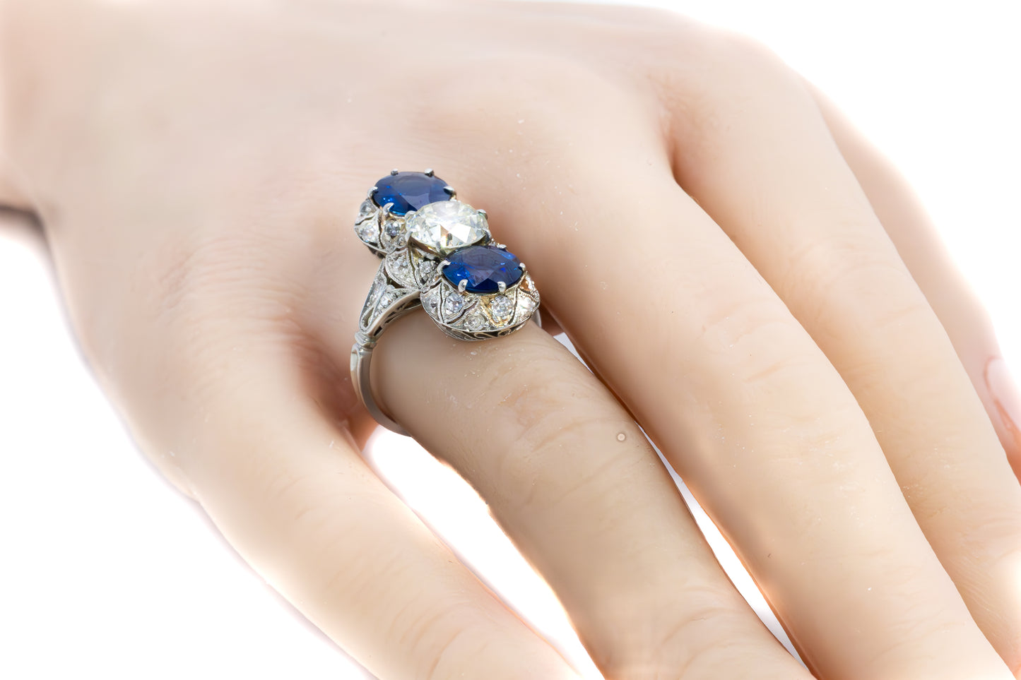 Art Deco Old Mine Diamond & Sapphire Three Stone Ring