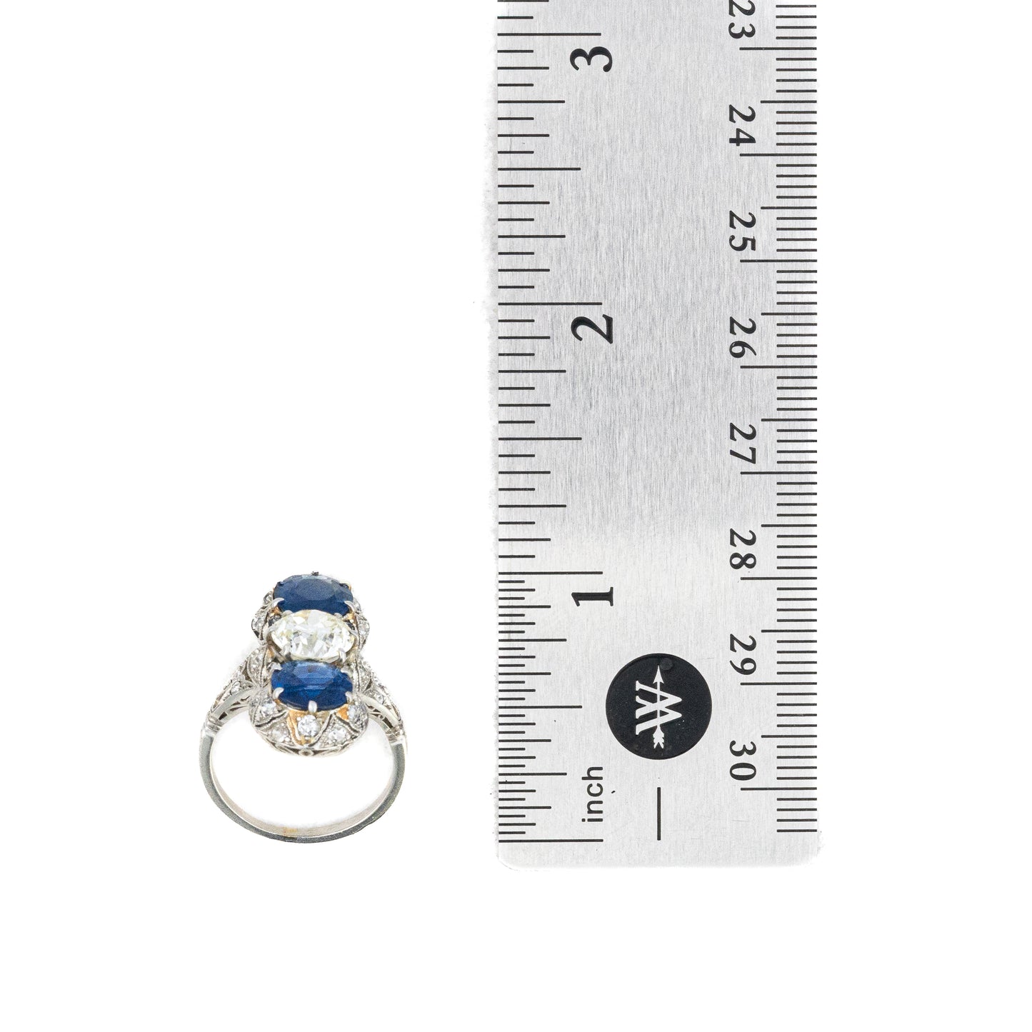 Art Deco Old Mine Diamond & Sapphire Three Stone Ring