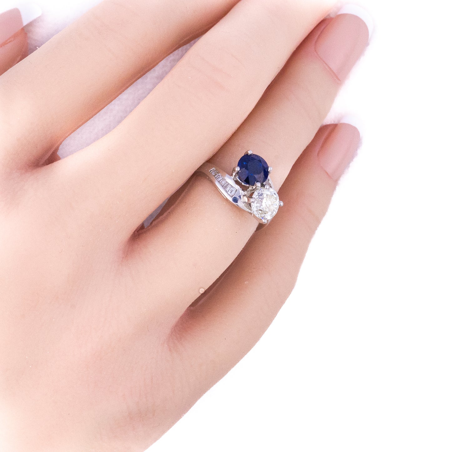 Sapphire and Diamond Bypass Baguette Cut Diamond Ring