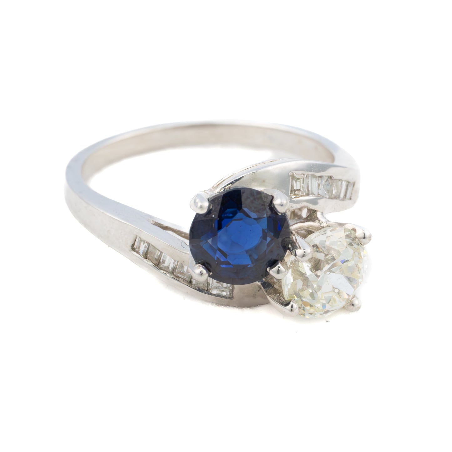 Sapphire and Diamond Bypass Baguette Cut Diamond Ring