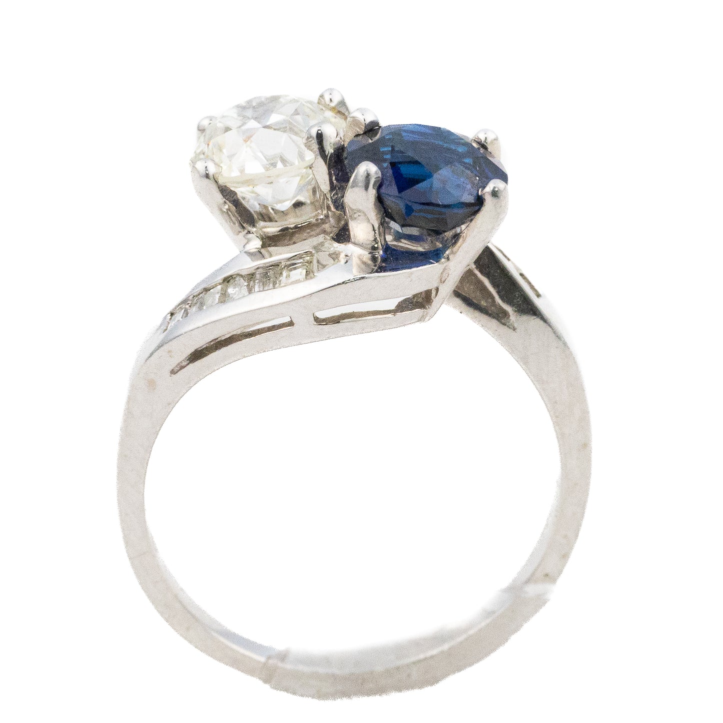 Sapphire and Diamond Bypass Baguette Cut Diamond Ring