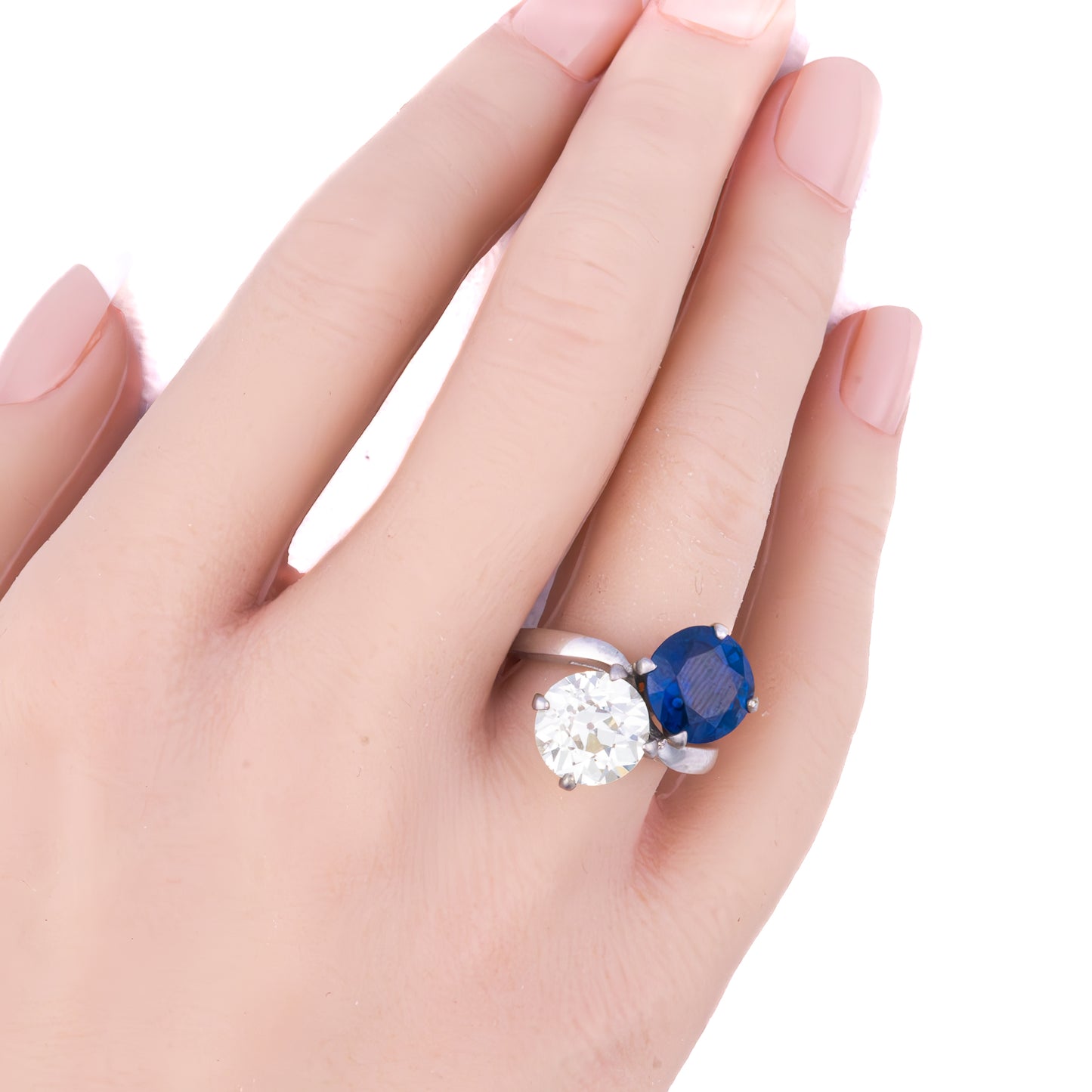 Platinum Toi et Moi Old European Cut and Sapphire Ring