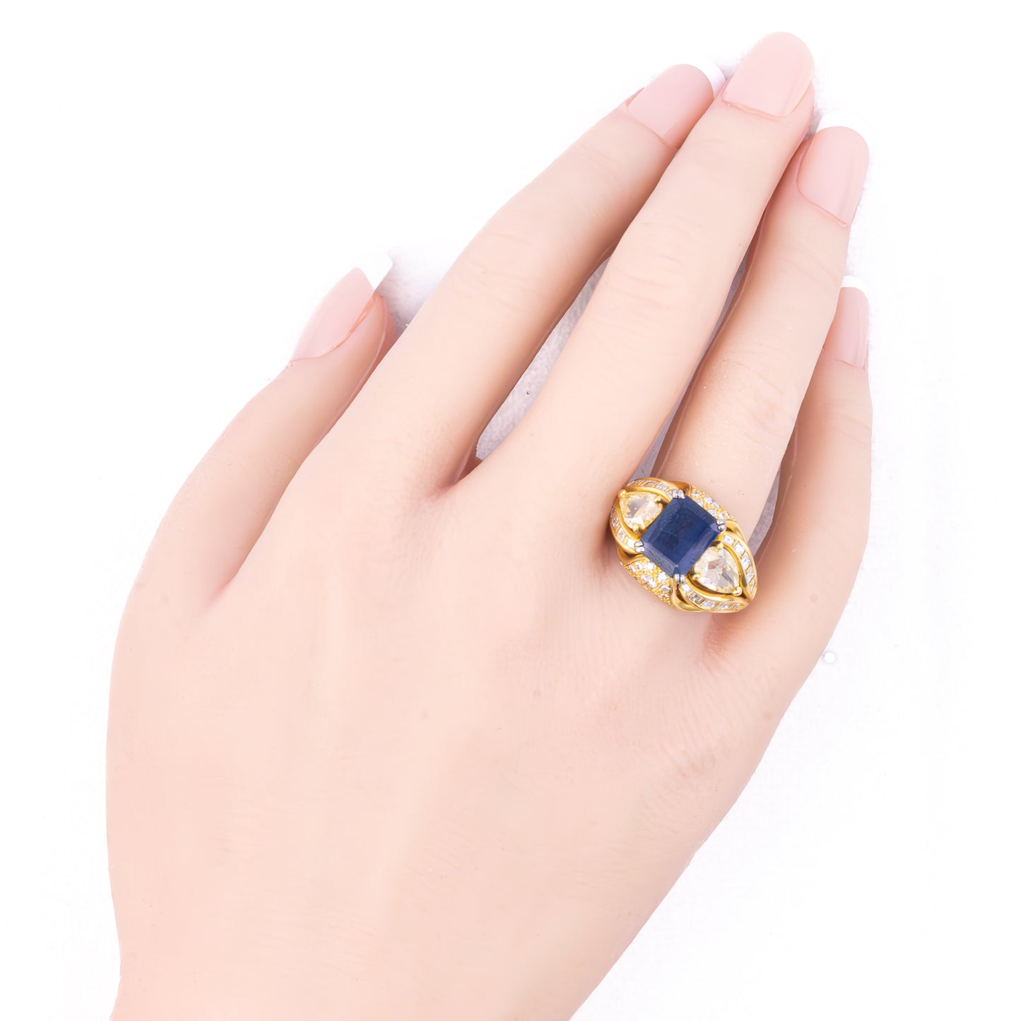 Multi Cut Diamond and Emerald Cut Sapphire Dome Ring