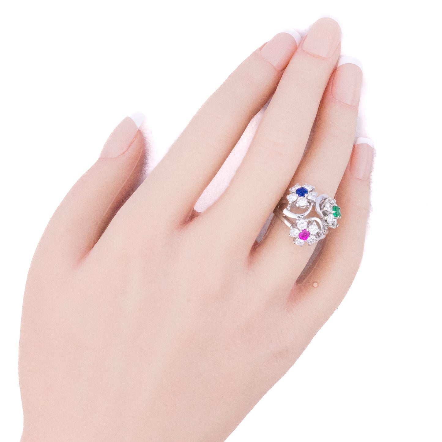 Ruby, Sapphire, Emerald, and Diamond Triple Cluster Ring