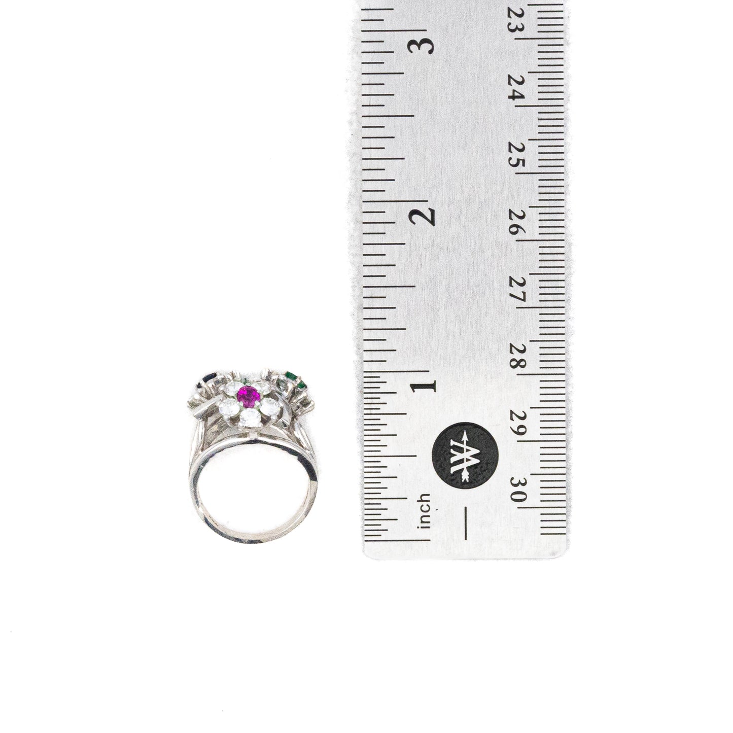 Ruby, Sapphire, Emerald, and Diamond Triple Cluster Ring