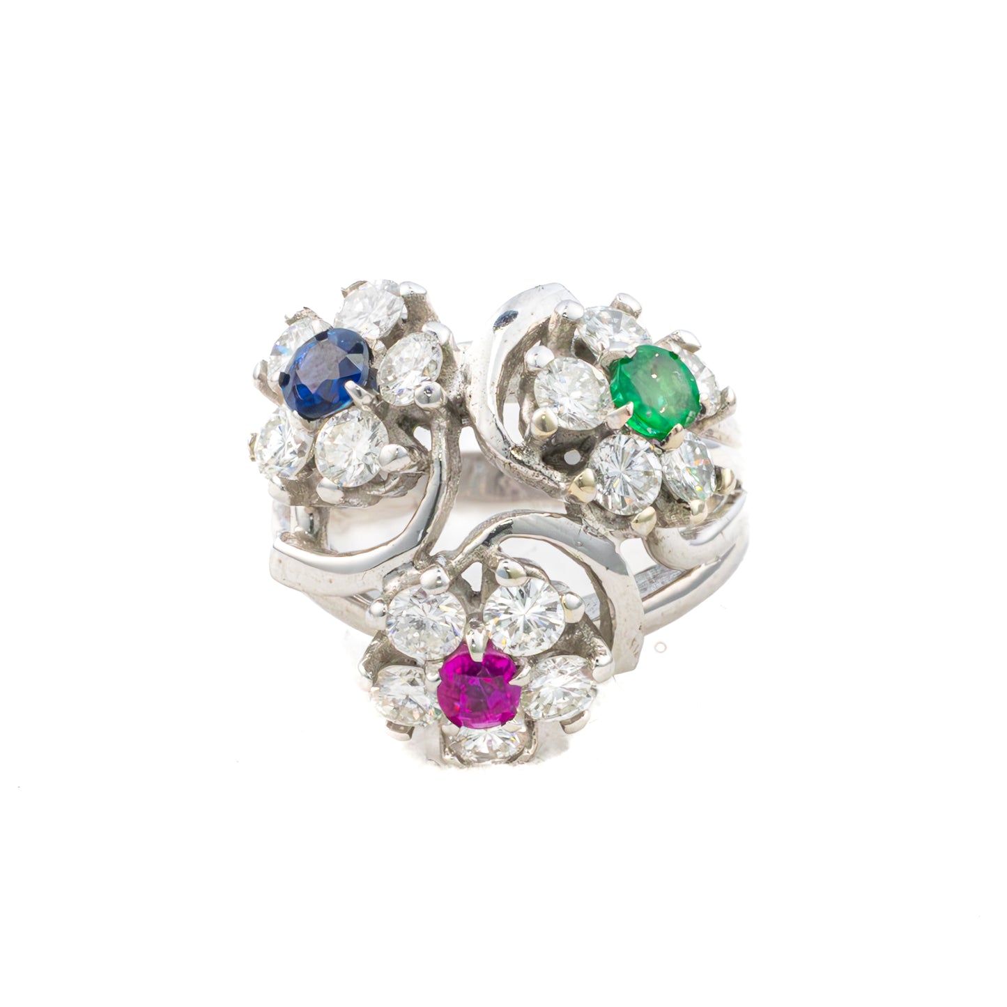 Ruby, Sapphire, Emerald, and Diamond Triple Cluster Ring