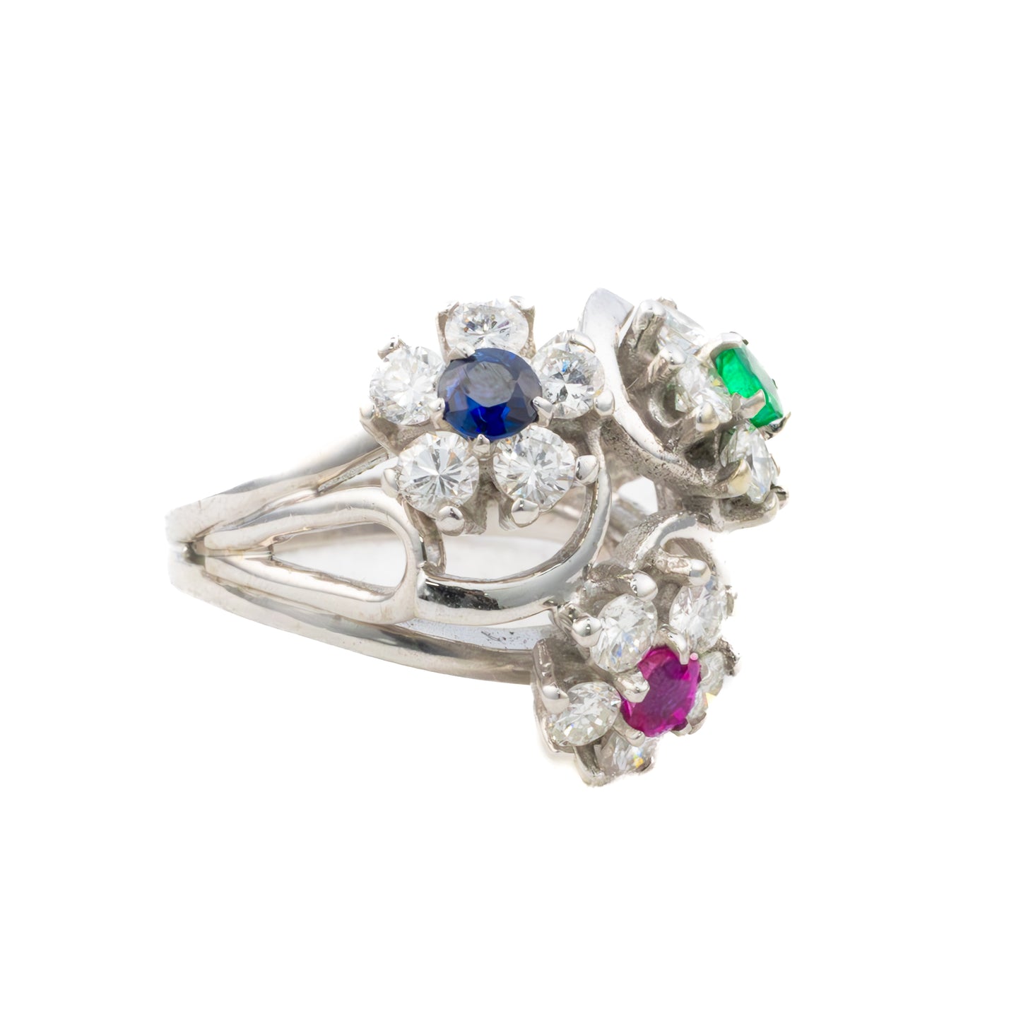 Ruby, Sapphire, Emerald, and Diamond Triple Cluster Ring