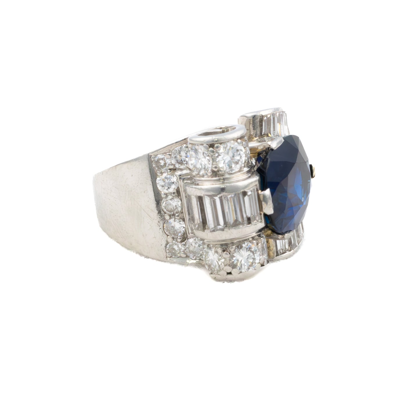 Platinum Sapphire and Diamond Baguette Ring